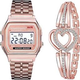 Fashinable Unisex Digital Square Grey Dial Multi Colour Vintage Series Stainless Steel Belt Wrist Watch for Girl's and Women's with Free Bracelet -Pack of 2-picture-0