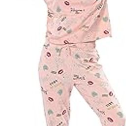 | Women's Printed Cotton Nightsuit Set, Short Sleeve T-Shirt and Pyjama, Pink-image-59