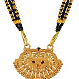 Heritage Inspired Gold Plated Mangalsutra with Designer Half-Moon Pendant & Black Beads-image-6