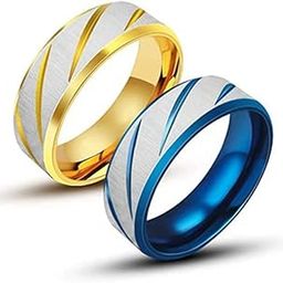 2 Pcs Combo Stainless Steel Rings for Men and Boys - Blue Gold Textured Band-image-24