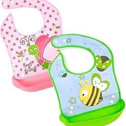 First Kick Baby PVC Silicone Bibs | Waterproof, Washable & Reusable | Feeding & Weaning Bibs for Babies & Toddlers |Non-Messy, Adjustable Neckline with Buttons | Pack of 2(Pink Butterfly & Blue Bees)-28
