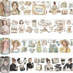 CoolShef 4 Rolls PET Journaling Stickers, Vintage Transparent Washi Tape Set, Decorative Tape for Diy Crafts, Scrapbooking, Junk Journal Supplies, School Supplies (6cm x 2m)-image-40