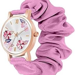 Women's Scrunchie Watch with Floral Pattern Dial, Rose Gold Case, Black Elastic Band-picture-5