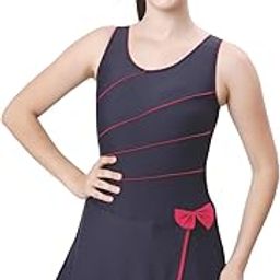 Women's Stylish Swimdress with Boyleg, U-Back Design & Padded Bust Support Red Piping Navy Blue-image-38