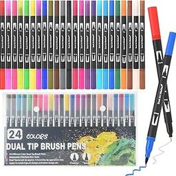 POVOLE 24 Shades Colour markers Dual Tip Brush Pens（0.4mm Fine& 1-2mm Brush Tip） Colour Pens Set For Notes,Colouring Books No Bleed,Drawing,Painting,Journals,Sketch Pens For Kids Adult Student Artist-2