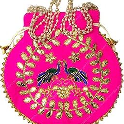 Matka Mayur Embroidered Potli Silk Storage, Potli Pouches for Jewelleries Return Gift Bags, Women's Handbag Shagun Bags for Weeding, Engagement --23