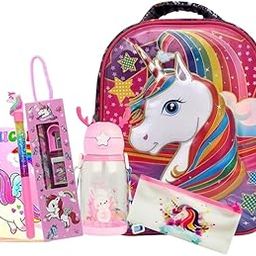 Urban Festivities Unicorn Stationery Combo Unicorn Polyester Bag with Fur Pouch/Water Bottle/Pencil Set/Gel Pen/Diary School Bag for Nursery/LKG/Multicolour-29