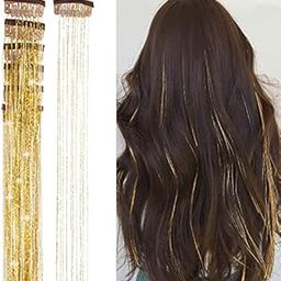 VIVIAN Clip in Hair Tinsel Extensions Highlights for Hair 24 Inch 6pcs Fairy Hair Synthetic (Golden 6 pc)-image-36