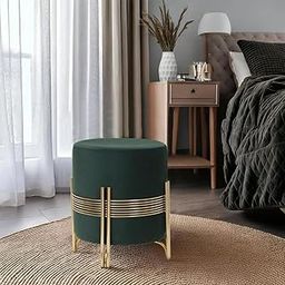 PSYGN Velvet | Gold Metal Frame for Living Room | Puffy Stool | Ottoman Leather | Metal Ottoman Stool | (Dark-Green)-image-33
