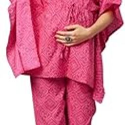 Women's Cotton Printed Maternity Kaftan Top with Pant Set, Pink-23