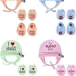 MOM'S DARLING Newborn Baby Cotton Cap, Mitten and Booties Combo Set | Infant Cap Set | Mittens Set | Bootie Set | Kids Gloves & Socks Set | Baby Gift Set | 0-6 Months | Pack of 4 Sets | Multicolor.-18