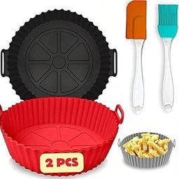 Air Fryer Accessories Set, Round Silicone Basket Baking Tray Silicone Basket Liners with Oil Brush and Spatula, Multicolour, Pack of 2-3