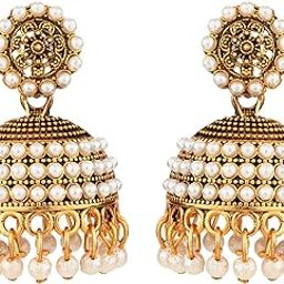 Antique Gold-Plated Jhumka Earrings | Traditional Brass Dome Style | White Pearl Drops | Everyday Use Jewellery | Ideal Gift for Women & Girls (ER4098)-9