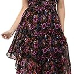 Women Floral Print Sleeveless Asymmetric Midi Dress with Belt, White and Pink-image-54