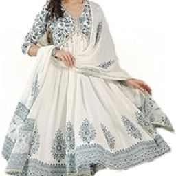 Women's White Handblock Printed Anarkali Suit Set | Ethnic Cotton Flared Kurta with Pants & Dupatta | Stylish Comfortable Festive Outfit | Traditional Indian Wear-10