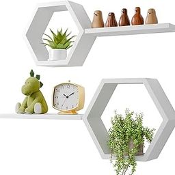 AG SHOPEE Hexagonal Wall Shelves Set of 2 – White Wooden Floating Shelves for Wall Décor, Geometric Wall Shelf for Bedroom, Living Room, Office – Modern Storage & Display Rack, 30W x 10D x 26H cm-image-3