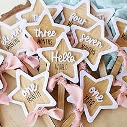 Haoser Set of 13 Wooden Baby Milestone Disc Set with Stick | Hello World to One Year | Star-Shaped Monthly Milestone Cards | 6 Inch Height | Baby Shower Gift | Newborn Photo Prop-image-40