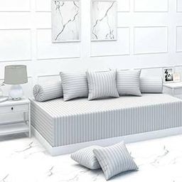 UNNAK Cotton Blend Diwan Set of 8 Pieces Including 1 Single Bedsheet with 2 Bolster Covers and 5 Cushion Covers Striped Diwan Cover Set for Living Room and Hall for Home Decor, 70x100 Inches, Grey-image-47