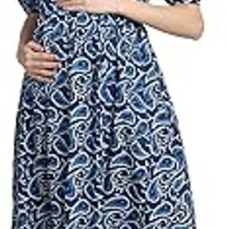Printed Navy Blue Cotton Maternity Nightdress Calf Length/Feeding/Nursing/Zipper/Drawstring/Printed-image-74