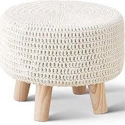 Wimarsbon Pouf Ottoman, 100% Cotton Knitted Boho Footstool, Round Footrest with Non-Skid Wood Legs, Home Décor Handmade Pouffe, Leisure Floor Step Stool for Living Room (Beige)-image-35