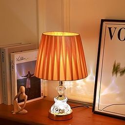 HOME ELEMENTS Modern Crystal Table Lamp with Fabric Shade, Decorative Night Light for Bedroom Living Room, Home Decor Items, Study Lamp, Reading Desk lamp, Nightstand Lamp 21x34.5cm (Beige)-12