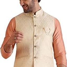 Men's Tan Color Woven Design Nehru Jacket Ethnic Festive Waistcoat Cotton, Regular Fit-26