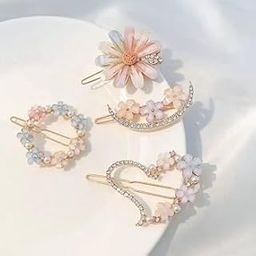 Crystal Flower Hair Clips Set, 3 Pieces, Pink and White Pearl Design with Rhinestones-image-54
