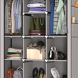 MY ARMOR 3-Door Foldable Wardrobe for Clothes, Wardrobe for Storage, Multipurpose Collapsible Fabric Wardrobe Organizer for Clothes, ABS Plastic, Fabric Cupboard - 10 Shelfes, 2 Hanger Cabinet Rack-12