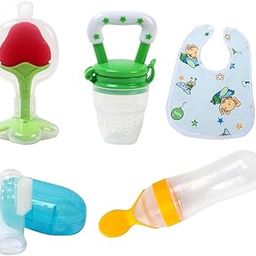 Muma's Love Babies Rattle Fruit Feeder Pacifier (1 Pcs) With 1 Pcs Silicone Baby Food Dispensing Spoon 90Ml And 1 Pcs Fruit Teether 1Pcs Finger Brush 1 Pcs Baby Bib [Blue] (Rattle 5 Pcs Combo)-image-61