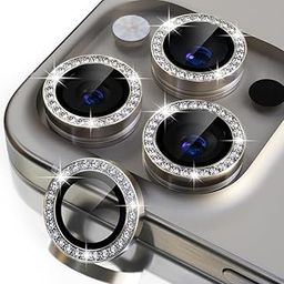 iPhone 15 Pro / 15 ProMax Diamond Camera Lens Protector - Anti-Scratch [9H Hardness] Tempered Glass, Aluminum Ring (Full Coverage, Case-Friendly) - Natural Titanium-26