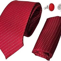 Red Pindot Italian Silk Tie, Pocket Square & Matching Cufflink Gift Set for Men – 2.75" Slim Necktie, 10x10 Handkerchief, Brass Cufflinks – Elegant Formal Accessories in Wooden Gift Box-image-79