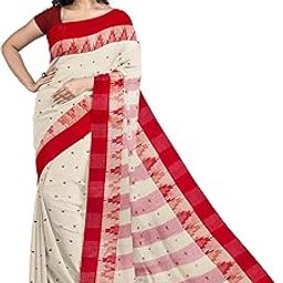 Women's Traditional Pure Cotton Aam Kalka Tant Saree Without Blouse Piece (Biscuit, Red)-picture-23