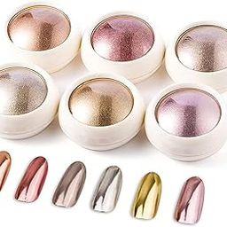 NAILWIND 6 Colors Chrome Nail Powder Set,Metallic Mirror Effect Nail Art Powder,Holographic Pigment Glitter Dust for Gel Polish Manicure Decoration with 6 Eyeshadow Sticks (03)-12