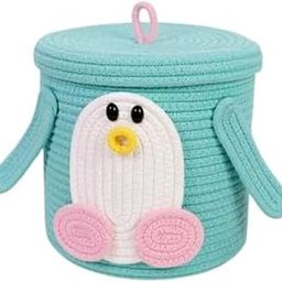 Aroma Brand Kids Lid Basket with Beautiful Characters - Rope Storage Basket for Baby Diaper, Stuffed Animal Storage Bin Rope Basket for Kids Toy, Baby Laundry Baskets with Lid (Sea Green Penguin)-image-82