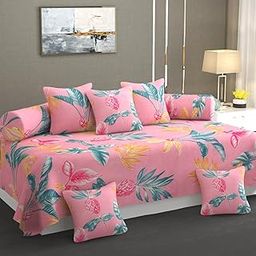 COZY CUDDLES Diwan Set Covers Cotton 8 Pieces Pure Glace Cotton Designer Printed Standard Diwan Set (1 Single Bedsheet, 2 Bolster Covers, 5 Cushion Covers) (Multi) (Pink)-image-65
