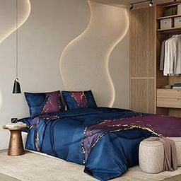 Stoa Paris Satin King Size Comforter, 300TC Premium Bedding Set, Ideal for Bedroom, Aesthetic Comforters, All-Weather, Wedding Gift for Couples, Louvre - Indigo, Purple & Gold-picture-20