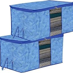 Kuber Industries Underbed Storage Bag | Clothes Storage Bag | Blanket Cover with Clear Window | Zipper Closure & Handle Cloth Organizer | Lahariya-Design | Large | Pack of 2 | Blue-13
