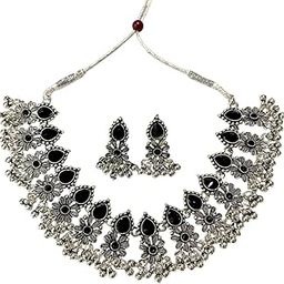 Oxidised Silver Necklace Set with Black Stone and Floral Design, Traditional Choker with Matching Earrings-image-1