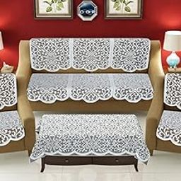 Croox Attractive Cotton Net Floral 5 Seater Sofa Cover Set with 1 Center Table Cover Grey|| Set of 11 Pieces-image-20