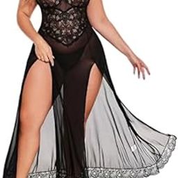 Plus Size Lace Babydoll Nightgown, Black Sheer Mesh Long Lingerie Dress with Side Slits and G-String, Adjustable Straps-2