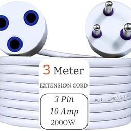 Extension Cord, 3 Meter 3 Pin Single Outlet Socket Heavy Duty Long Wire Cord, 10 Amp, 2000W for Indoor & Outdoor Use (White).-30