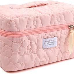 Makeup Bag for Travel Cosmetic Bag Cute Cotton Toiletry Bag Puffy Quilted Flower Organizer Bag Large Capacity Handheld Portable Storage Zipper for Women Toiletry Vanity Bag, 17 CM (Pink)-2