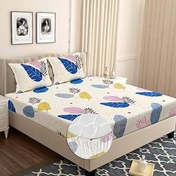 BSB HOME Cotton Rich 160tc Elastic Fitted Bedsheets with 2 Pillow Covers | Double Bed with Corner Fit Wrinkelfree Supersoft Floral Pattern Breathable |Size-72x68+6 inches | Almond and Blue-image-40
