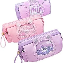 wolpin Ethylene Vinyl Acetate (EVA) 1Pc Pencil Case Large Capacity Stationery Bag, Side Pockets Pouch With Zipper Closure Portable Makeup Case Cute For Students Girls Adults Office (Cat Purple)-image-87