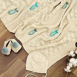 Pluchi Keepsake Baby Gift Set- Crochet Knit Blanket with Hand Crochet Fish with Booties & Cap in Box Packing-image-3
