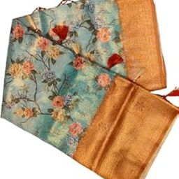 Floral Print Face Mask with Orange Border, Reusable Cotton Fabric, Blue and Orange Cotton saree For Women | Buttas and Peacock Border Sari-16