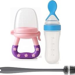Joy Buzz Baby Food Dispensing Spoon Feeder Bottle 90ml and Fruit Feeder/Nibbler/Pacifier with Cleaning Brush Pack of 3 (BLU-Pink)-image-79