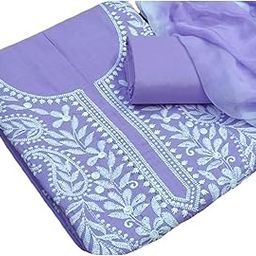 Dress material salwar kameez dupatta unstitched suit Lucknowi embroidery kurta and bottom cotton dupatta chiffon.-image-4