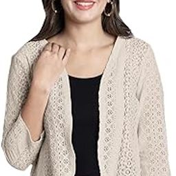 Women's Cream Lace Shrug - Regular Fit, Self-Designed, Front Open-picture-29