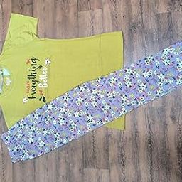 Women's Pyjama Set, Yellow T-Shirt with 'Make Everything Better' Print, Floral Print Pyjamas, Sleepwear-image-36